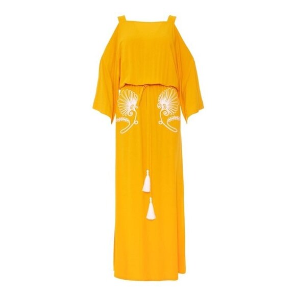 NWT Ancient Kallos Anthemio in Amber Embroidered Cold Shoulder Maxi Dress M - Picture 1 of 8